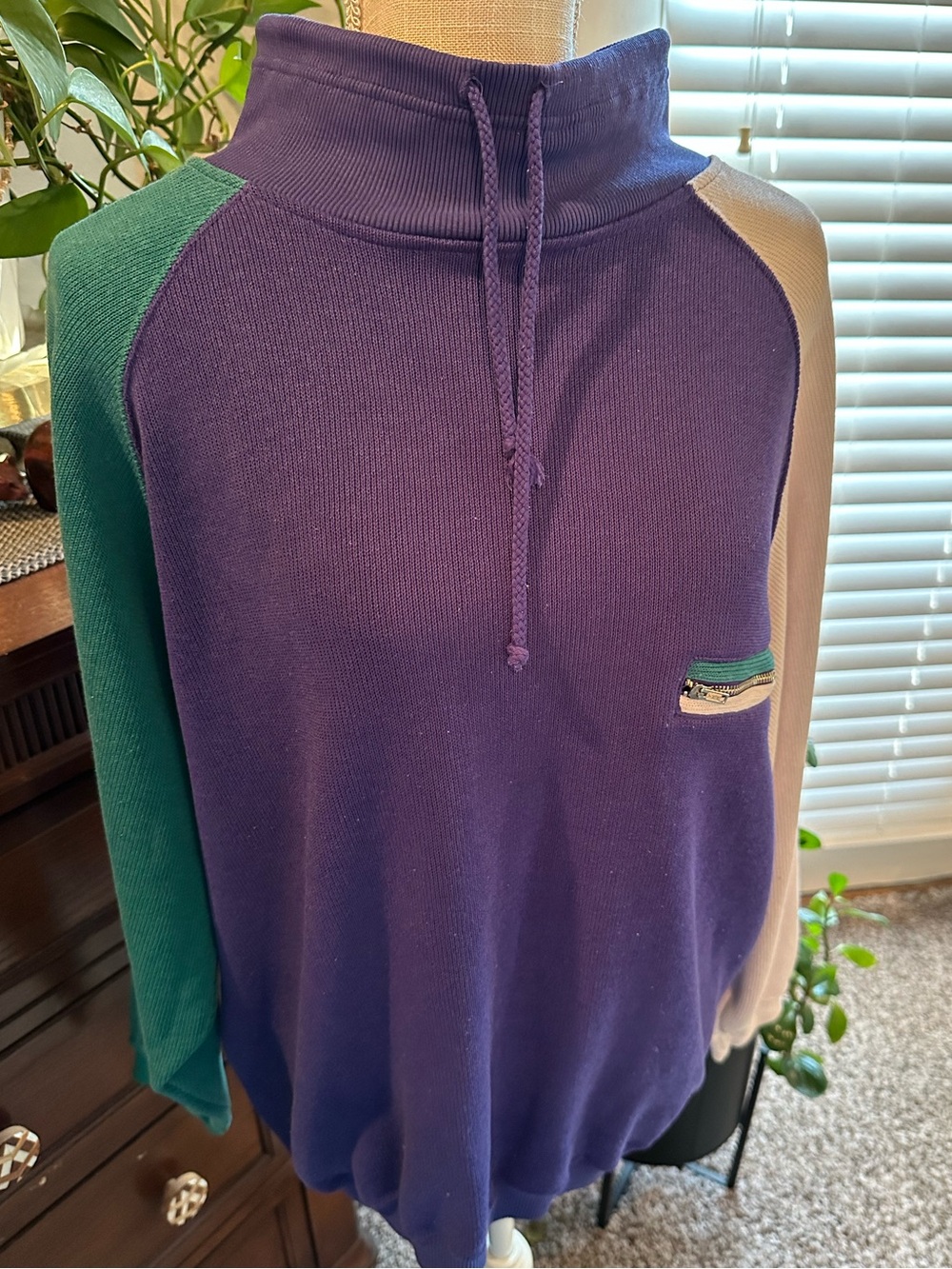 Vintage Multi-Color Funnel Neck Sweater - Blue, Green & Cream